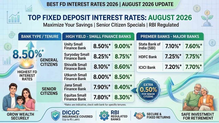 Best FD Interest Rates August 2026: FDపై 8.50 శాతం వరకు వడ్డీ.. ఆగస్టు 2026లో టాప్ రేట్లు అందిస్తున్న బ్యాంకుల పూర్తి జాబితా