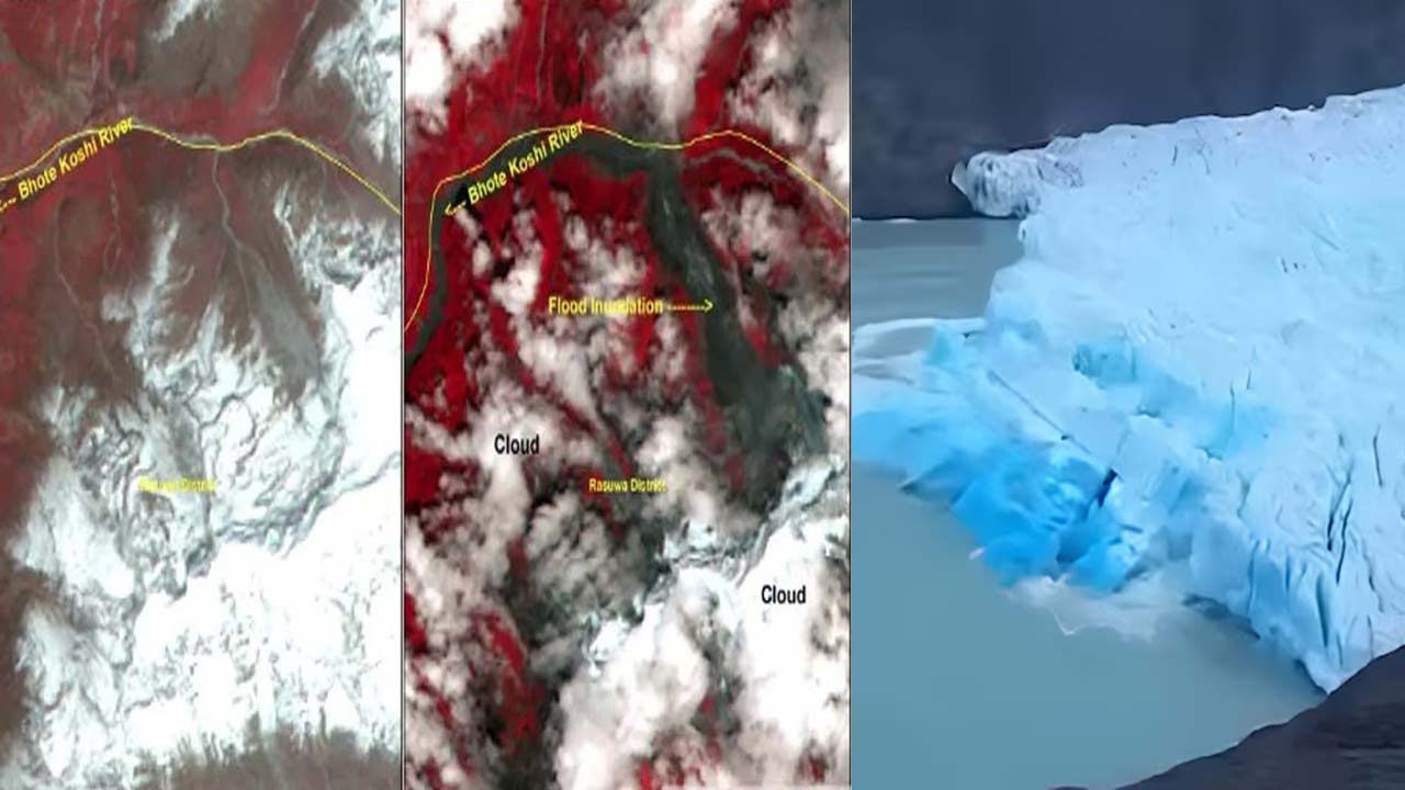 nepal floods isro satellite images glacier collapse trishuli river