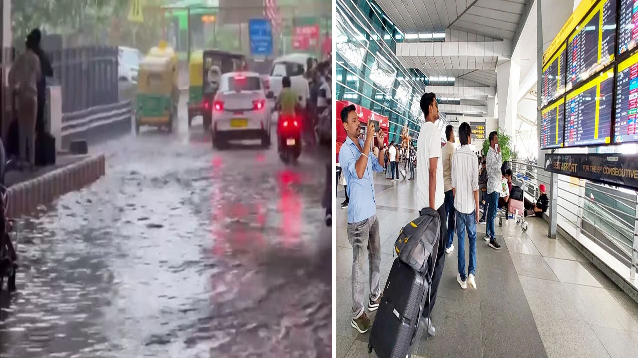 delhi ncr heavy rain waterlogging flight diversions imd alert