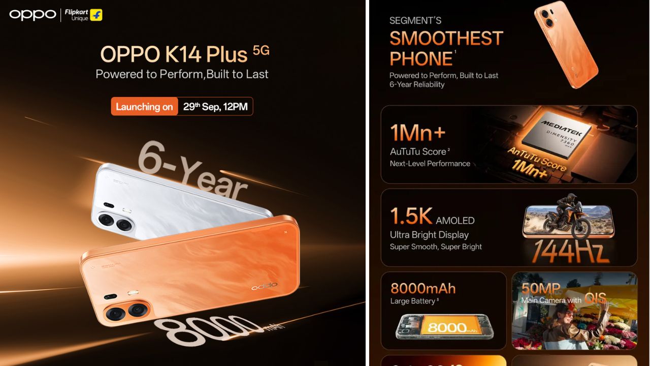 IP69K రేటింగ్, 8000mAh బ్యాటరీ, 144Hz AMOLED డిస్‌ప్లేతో సెప్టెంబర్ 29న రానున్న OPPO K14 Plus..!