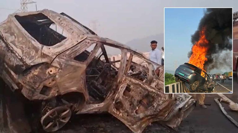EV Car Fire Accident: విజయవాడ వెస్ట్ బైపాస్‌పై ఘోర రోడ్డు ప్రమాదం.. ఈవీ కారు దగ్ధం, నలుగురు సజీవదహనం..